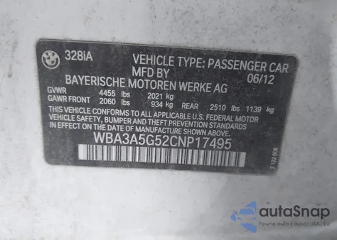 2012 BMW 328I из США, поврежденный, VIN WBA3A5G52CNP17495